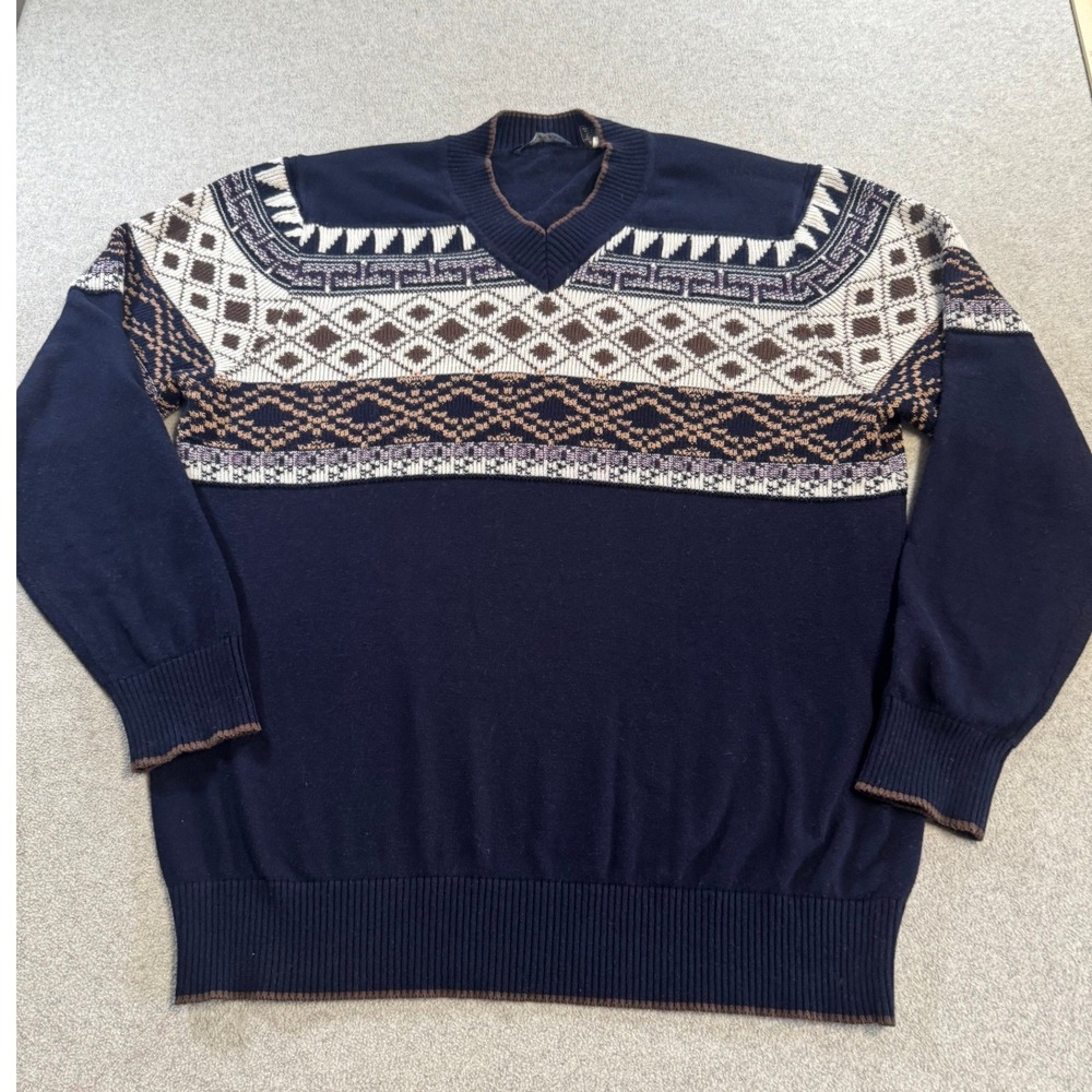 Sean John V Neck Sweater Mens 3XL Navy Blue Good Fair‎ Isle Geometric Pullover